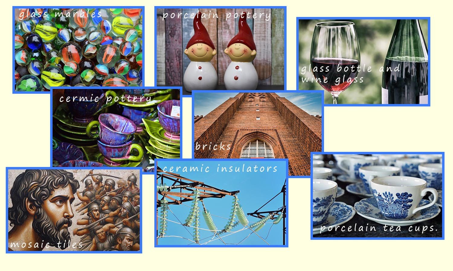 ceramic montage showing a wide selection of everyday objects made from clay ceramics.